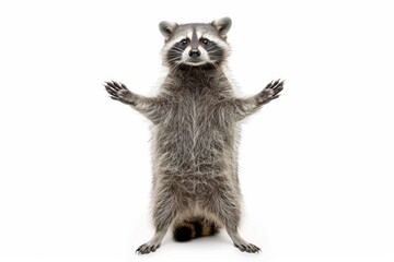 Alert Raccoon Standing Tall with Paws Raised on White Background