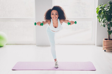 Photo of happy smiling lady activewear standing swallow rising dumbbells indoors room home house