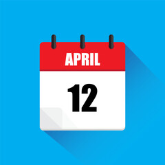 April twelfth calendar. Red white vector. Blue background icon. Long shadow illustration.