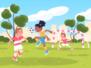 Children playing soccer. Little footballers play football outside in field city park, active school students kids teenagers sport players team kick ball