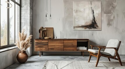 minimalist scandinavian living room with wooden accent chair and sideboard concrete wall digital painting