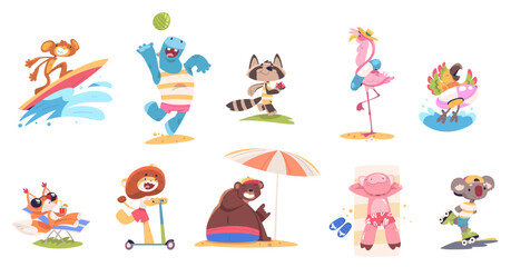 Cartoon animals summer resting. Funny cute animal in travelling beach vacation, wildlife surfing sea activity baby zoo mascot bear monkey pig flamingo, classy vector illustration © ssstocker