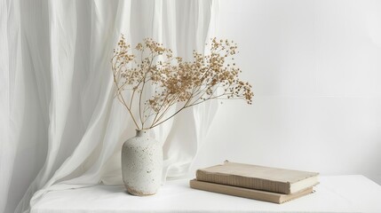minimalist still life with dried flower in vase and book white background fine art photography