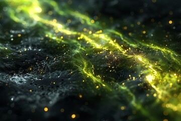 Luminous Green and Gold Energy Stream Over Dark Surface During Nighttime