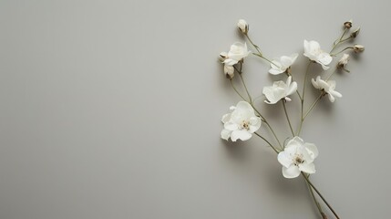 minimalist sympathy card with delicate flowers on grey background copy space