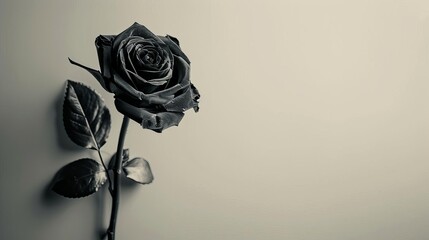 minimalist sympathy condolences card with black rose on muted grey funeral concept