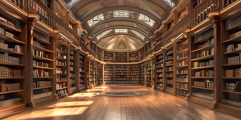 Ancient library with towering bookshelves