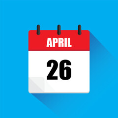 April twenty sixth. Red white vector. Blue background icon. Long shadow illustration.