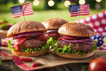 Homemade Memorial Day Hamburger Picnic, patriotic 4th of july themed burgers