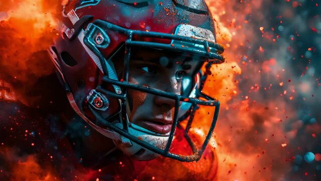 A determined football player in a helmet, surrounded by a burst of orange and blue smoke.