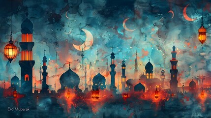 Various Eid al-Fitr icons such as crescent moons, lanterns, and mosque domes arranged artistically with 