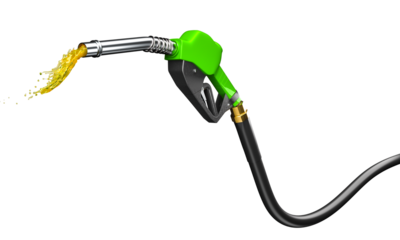 Fuel nozzle with gasoline splash on transparent background