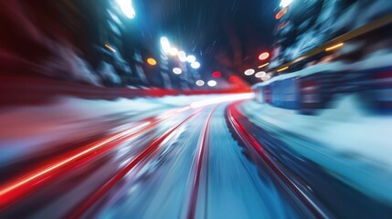 Speeding down a bobsled track at night with blurred motion and bright lights, capturing the intensity and thrill of the race