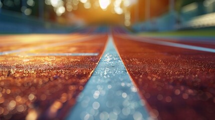 Dew-covered running track at sunrise with a sharp white lane line in focus and blurred background of the stadium, emphasizing the morning atmosphere