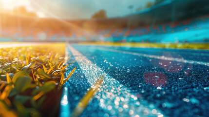 Running track beside green grass under bright sunlight with morning dew, creating a fresh and vibrant scene in the stadium