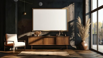 mockup frame on cabinet in empty dark living room interior blank wall background