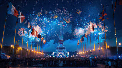 Spectacular fireworks display over the Eiffel Tower at night with colorful explosions and bright lights, celebrating an event in Paris