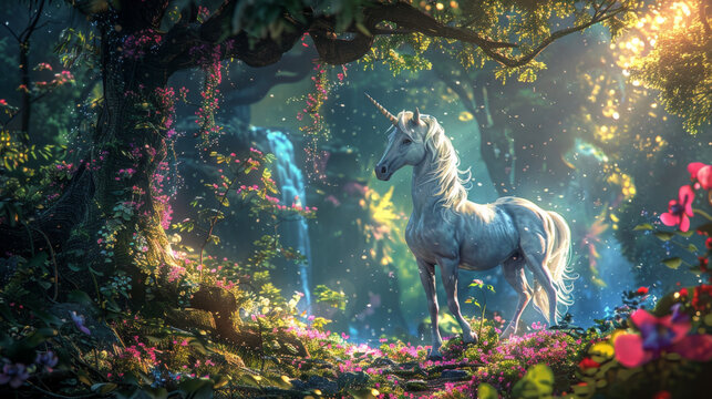 fantasy background of a unicorn in a magic forest