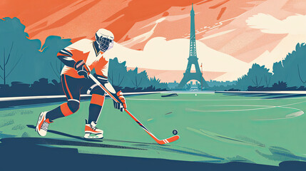 A field hockey player is actively engaged in the game with the Eiffel Tower prominently visible, combining sport and a famous Parisian landmark in a vibrant illustration