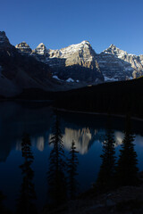 Valley of Ten Peaks near Moraine Lake on a sunny autumn day with snow on the mountain.