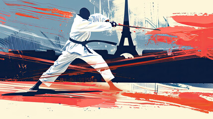 A martial artist performing a dynamic move with the Eiffel Tower in the background, showcasing a blend of sport and the elegance of Paris in a striking illustration