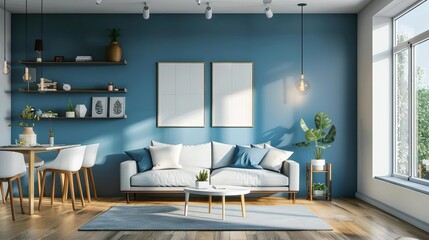 modern apartment interior empty living room with blue wall dining area 3d rendering