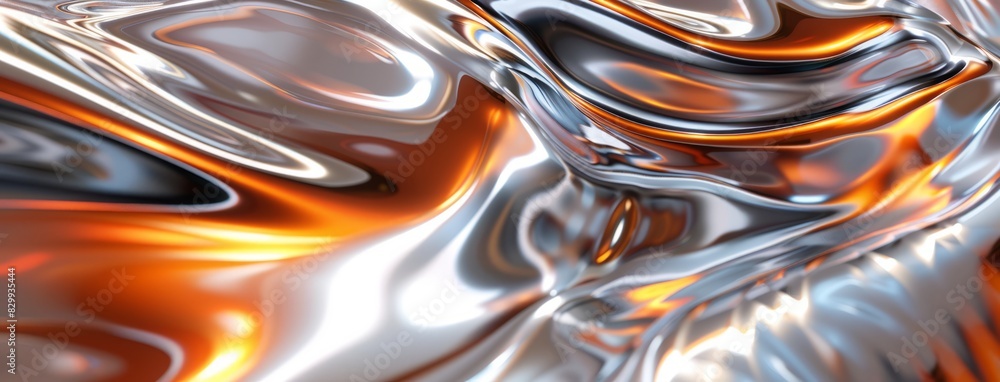 Poster dynamic abstract image showcasing the fluid motion of metallic orange liquid, emphasizing movement a