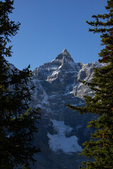 Valley of Ten Peaks near Moraine Lake on a sunny autumn day with snow on the mountain