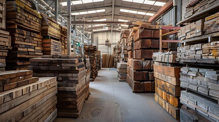 Fototapeta premium Orderly Stacks of Lumber in a Well Industrial Warehouse