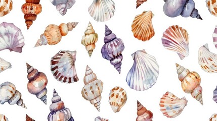 Seamless Watercolor Seashell Pattern Hand Drawn on White Background for Fabric Cards Website or Children s Prints