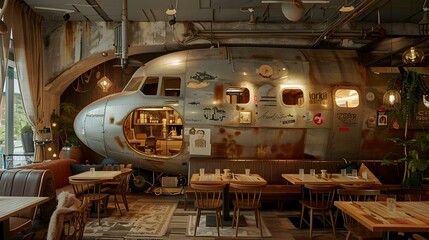 Fototapeta premium Repurposed Airplane Fuselage Transformed into Charming Cafe with Vintage Inspired Decor