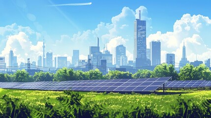 modern city skyline with vast solar panel field in foreground concept illustration