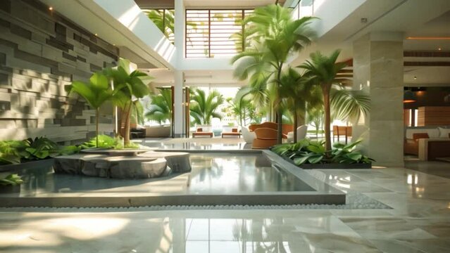 A modern hotel lobby with a pool at its center, blending contemporary architecture with outdoor leisure.