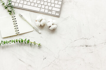 Laptop, cotton branch, notebook on white background flat lay copy space. Minimal freelancer,...
