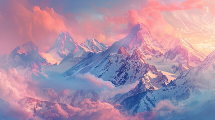 Majestic snow-capped mountains, pink pastel sky, ethereal light, clouds drifting - Powered by Adobe
