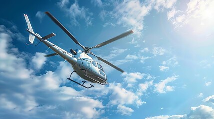 modern helicopter flying in blue sky with clouds aerial transportation vehicle