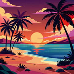 trees on the beach, Saturated sunset beach scenes with silhouetted palm trees