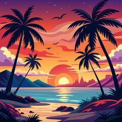 trees on the beach, Saturated sunset beach scenes with silhouetted palm trees