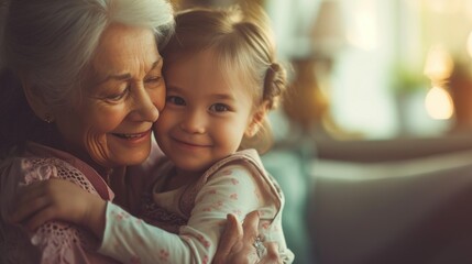 Happy old grandmother hugging little grandchild girl looking at camera, smiling mature mother or senior grandma granny laughing embracing adopted kid granddaughter sitting on couch