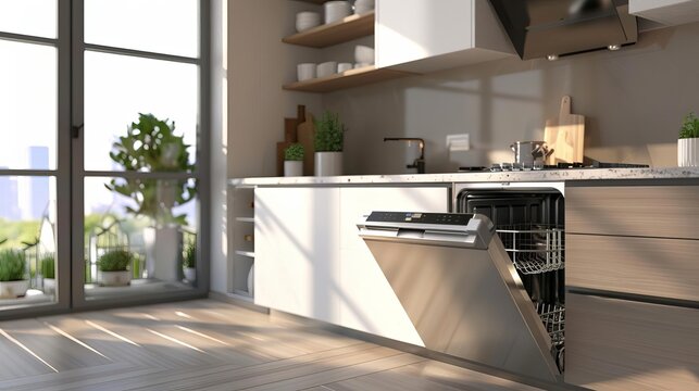 modern kitchen interior with open empty dishwasher stainless steel appliances 3d rendering