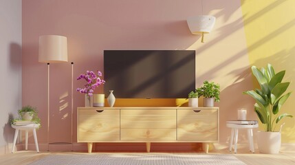 modern living room interior with tv cabinet lamp table flower and plant cozy home decor mockup illustration