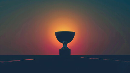 A dark blue chalice is centered on a hill at sunset