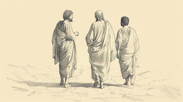 Biblical Illustration: Resurrected Jesus on Road to Emmaus, Disciples Walking, Beige Background, Copyspace