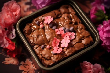 Hearty brownie in a bento box against a floral wallpaper background
