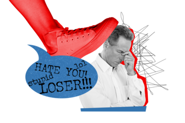 Drawing painting template collage of exhausted office worker man face with work bully in company offensive career competition