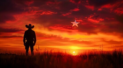 Fototapeta premium Memorial Day tribute the glow of a lone star copy space, patriotic reflection, vibrant, silhouette against a sunset backdrop