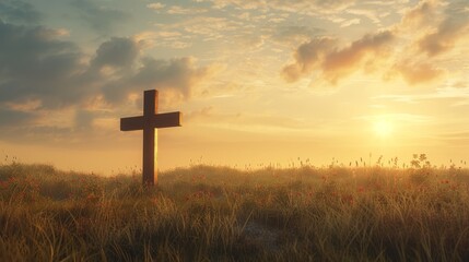 Memorial Day tribute with a solitary wooden cross in a vast field copy space, honoring heroes, realistic, silhouette against a dawn backdrop
