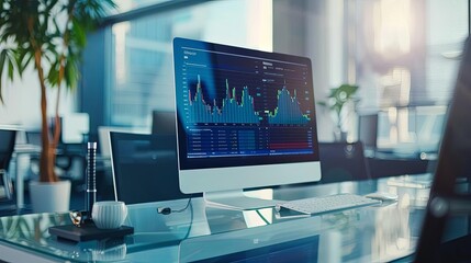 modern office with desktop computer showing finance statistical data on glass desk