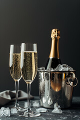 a bottle of champagne and champagne glasses with ice 