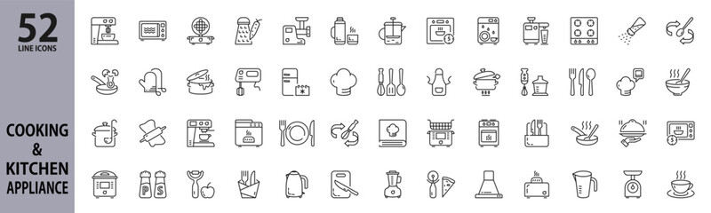 Kitchen Appliance and Cooking line icons set with Scales, Kettle, Bread maker, Blender, Toaster, Waffle maker, Coffeemaker, Multicooker, Juicer, Meat grinder, Fryer, Oven, Mixer. Editable stroke